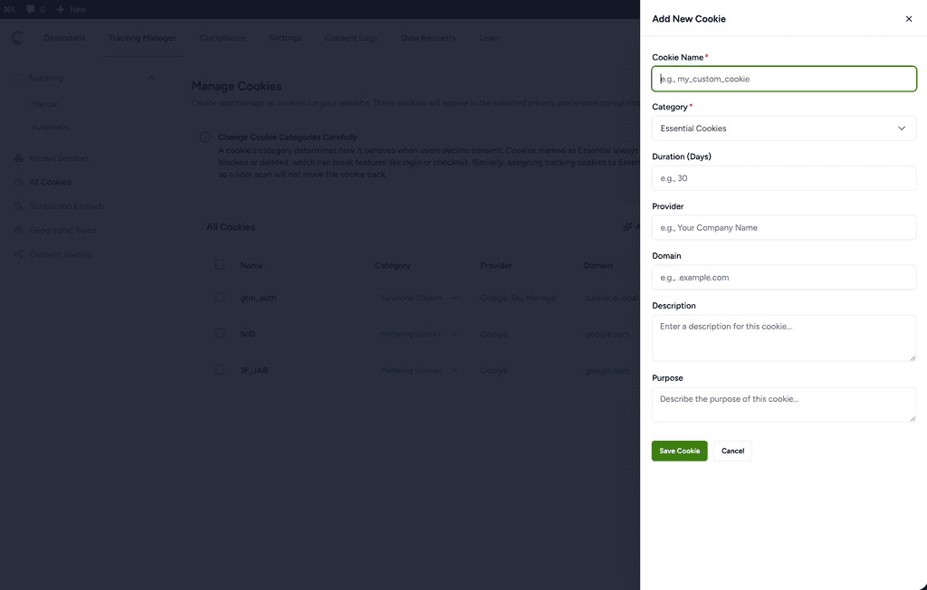 Cookie Manager: Add, Edit, and Manage Cookies Add new cookie form