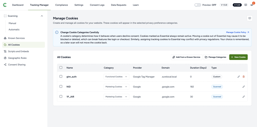Cookie management interface screenshot
