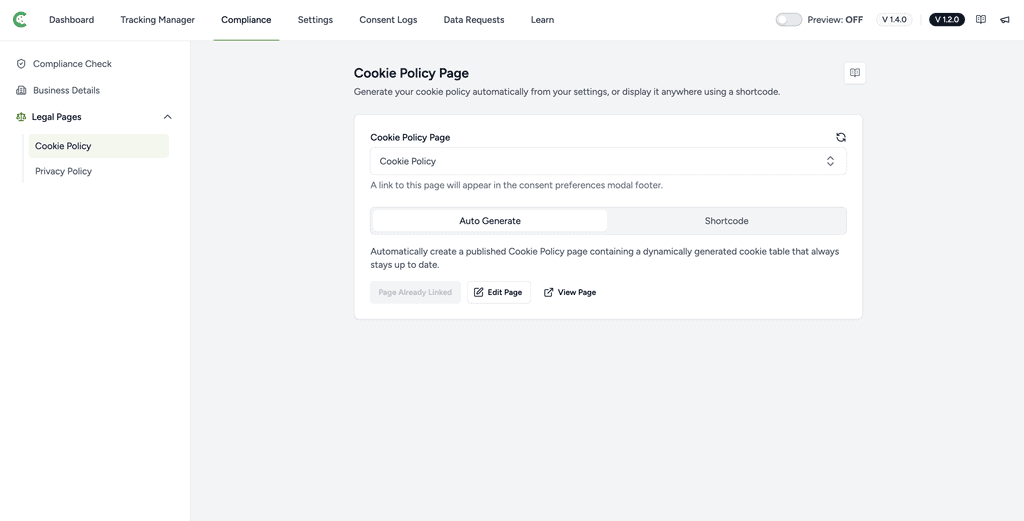 Cookie Policy Page Settings