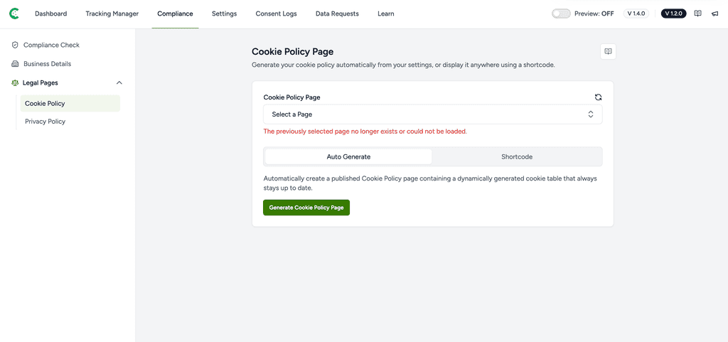 Cookie Policy Page Generation Options