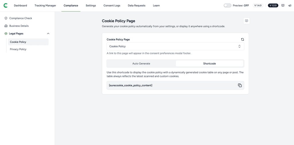 Cookie policy page generation.