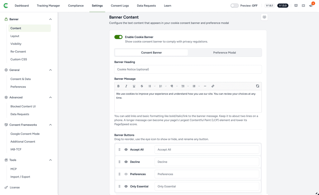 Banner content settings interface