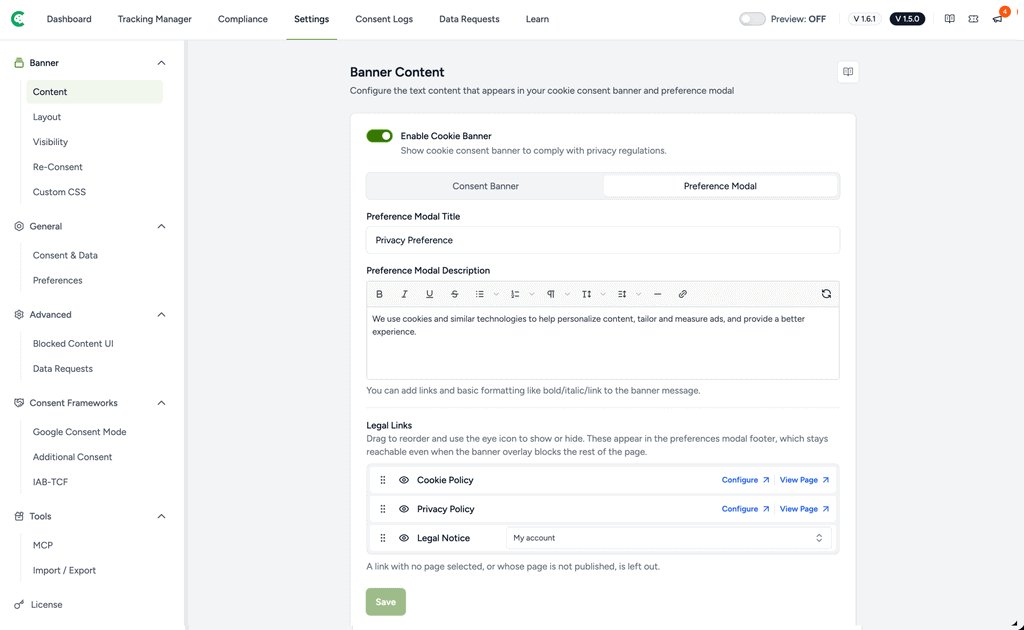 Customizing the Preference Modal Banner content settings page