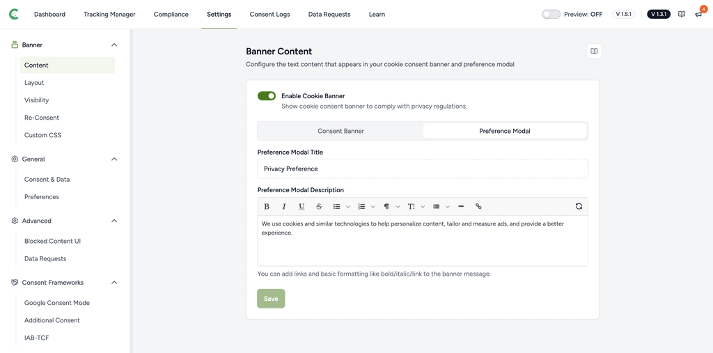 Cookie banner content settings