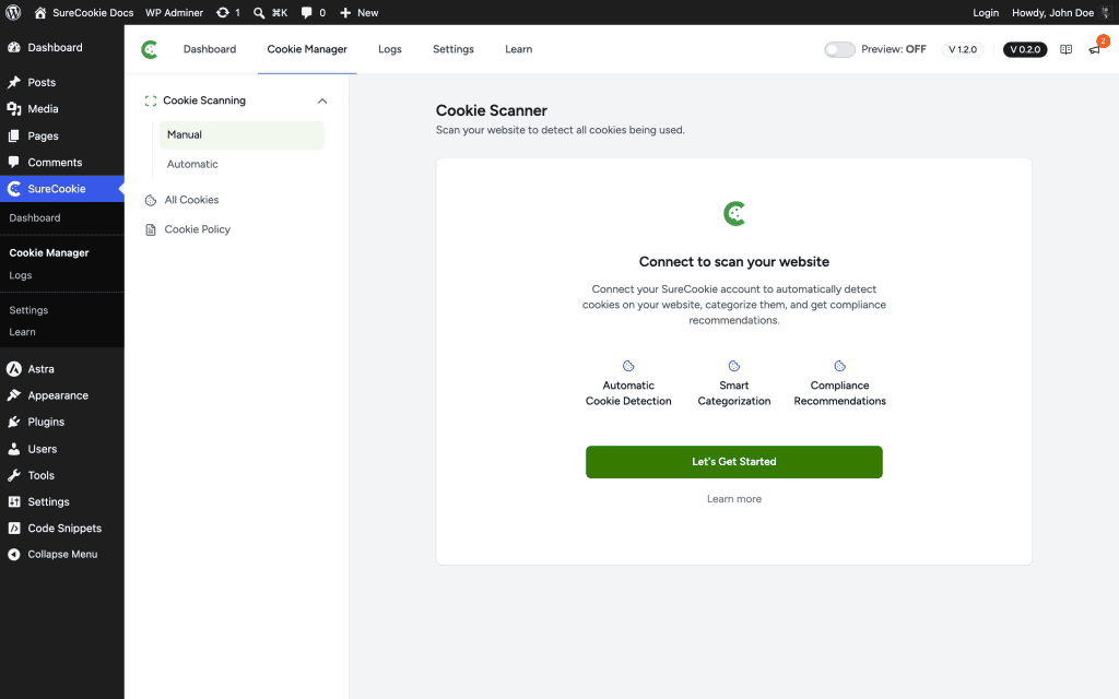 Cookie scanning dashboard screen