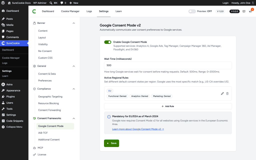 Setting Up Google Consent Mode v2 Google Consent Mode settings panel