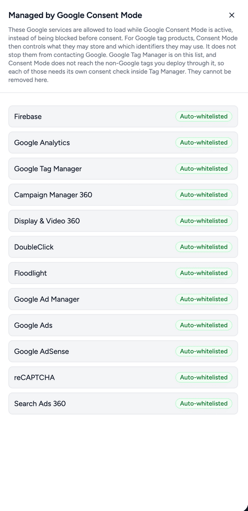 Google Consent Mode services list