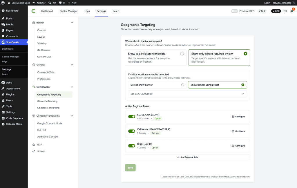 Consent Models Explained (Opt-in vs Opt-out) Geographic targeting settings in WordPress