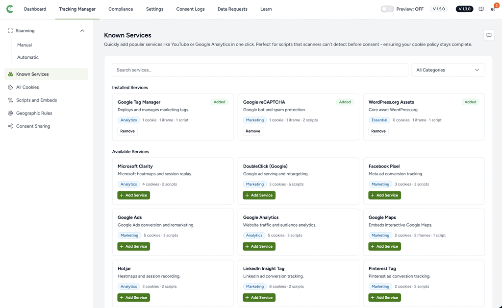 Known services tracking manager interface