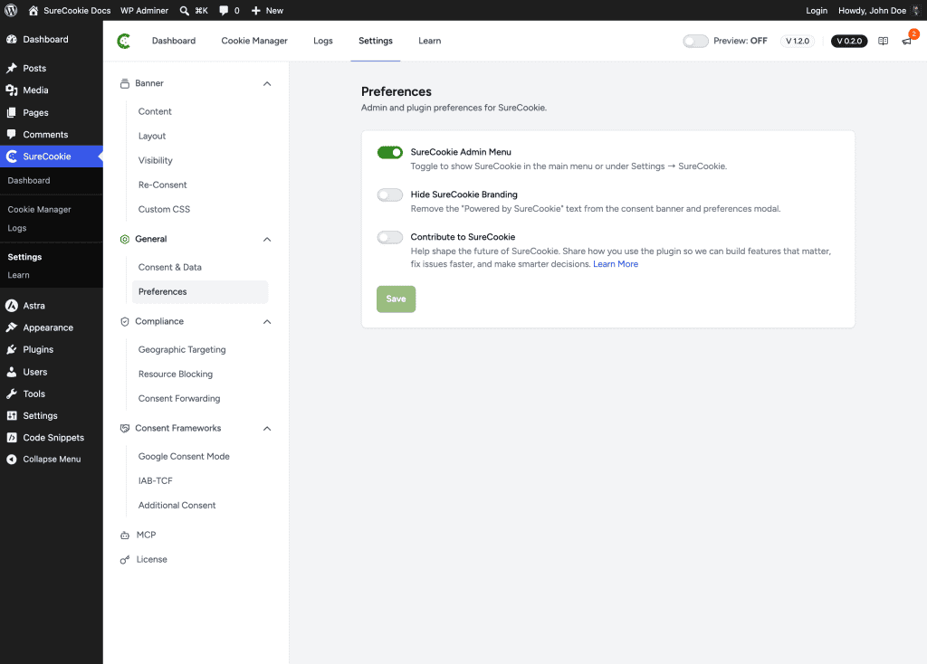 Preferences Settings (Menu, Branding, Analytics) SureCookie settings preferences page