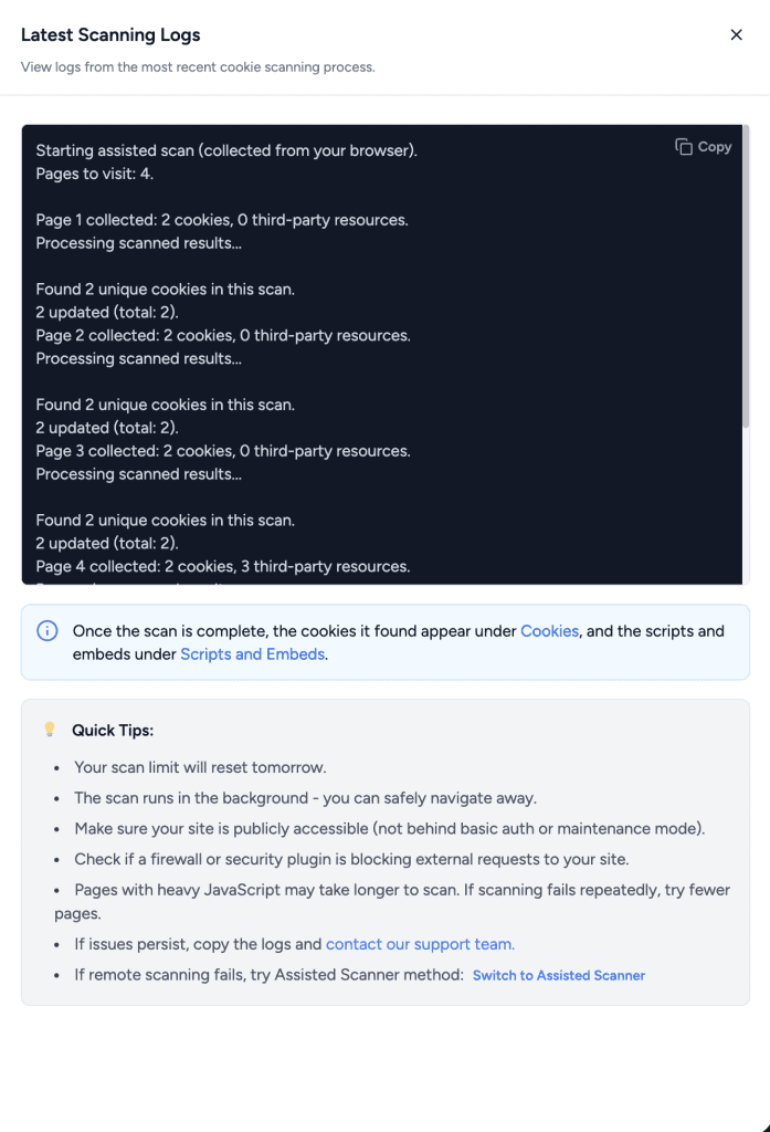 Scanning Your Site From Your Browser Scanning logs summary