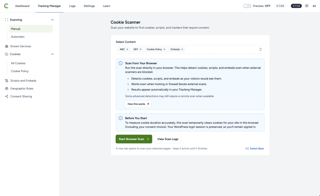 Scanning Your Site From Your Browser Cookie scanner interface.