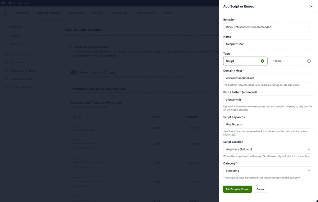Add script or embed