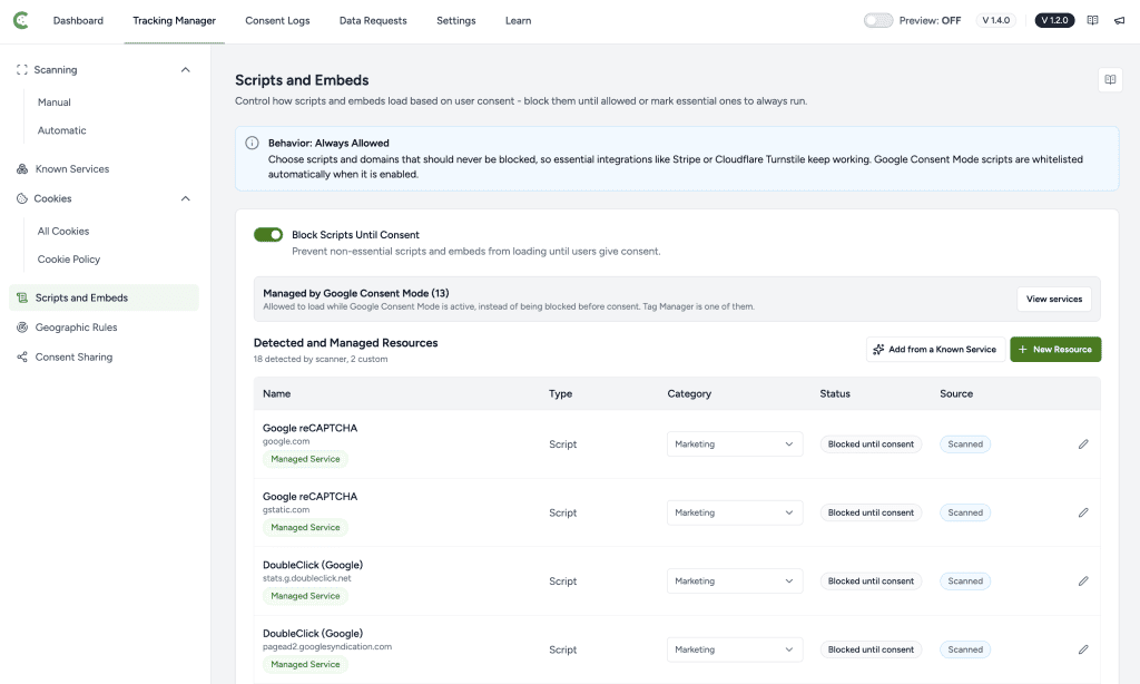 Block Scripts Until Consent (Resource Blocking) Scripts and embeds management interface