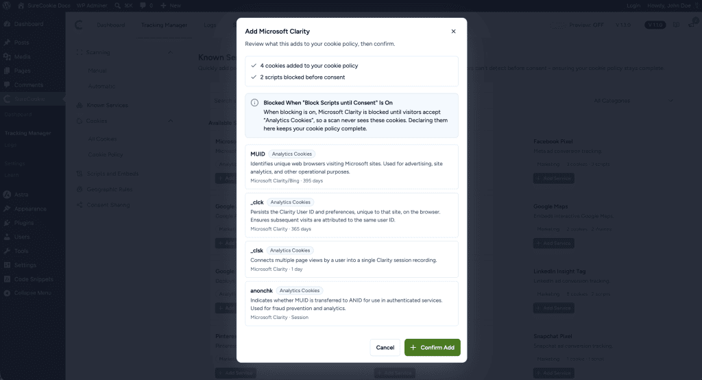Using Known Services Add Microsoft Clarity cookie policy