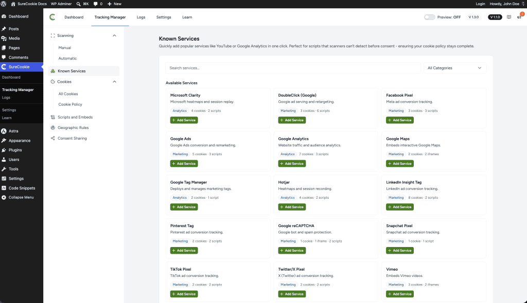 Using Known Services Known Services dashboard