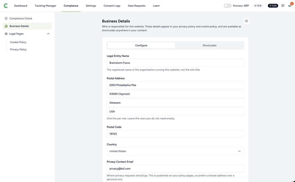 Setting Up Your Business Details Business details form inputs