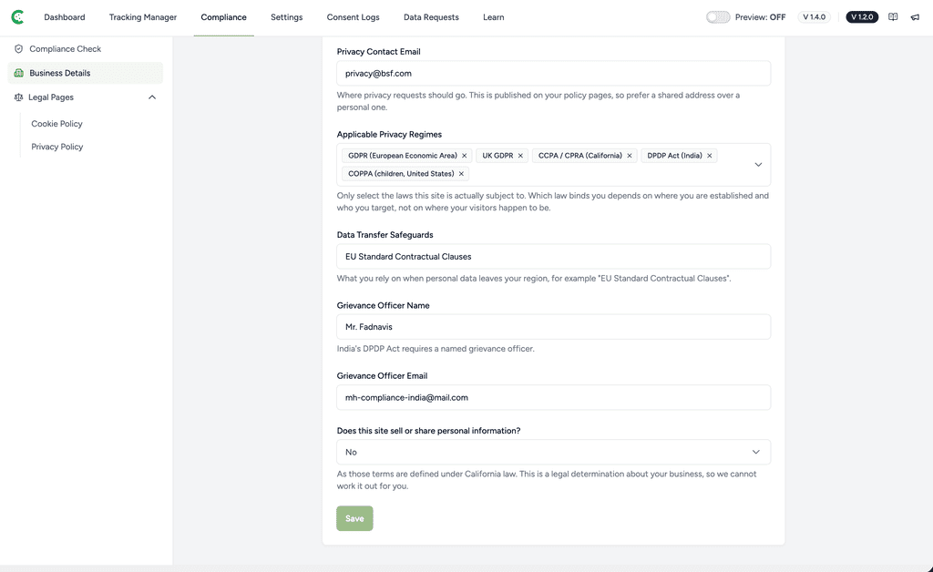 Setting Up Your Business Details Business details compliance settings