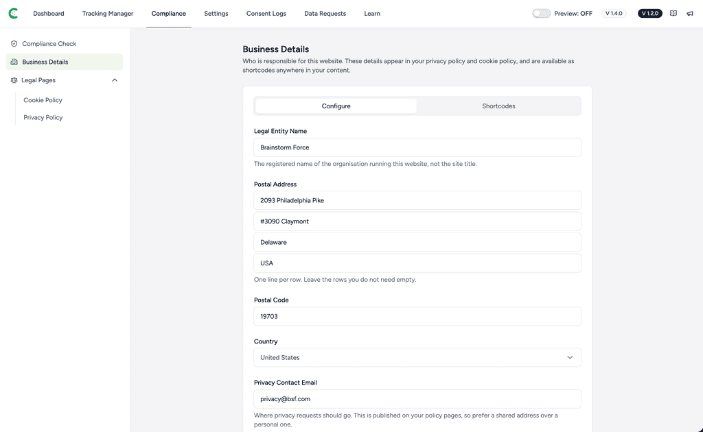 Setting Up Your Business Details Business details form.