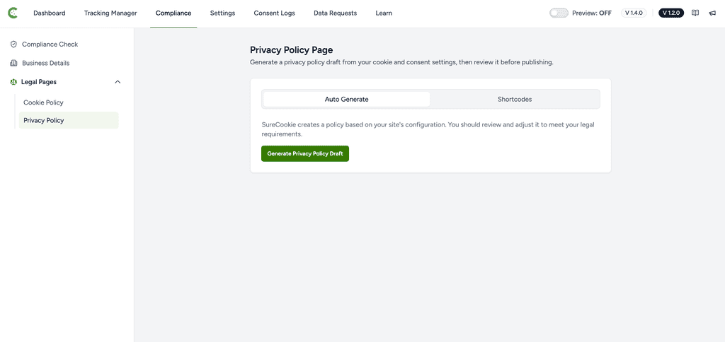 Generating a Privacy Policy Page Privacy policy generation page
