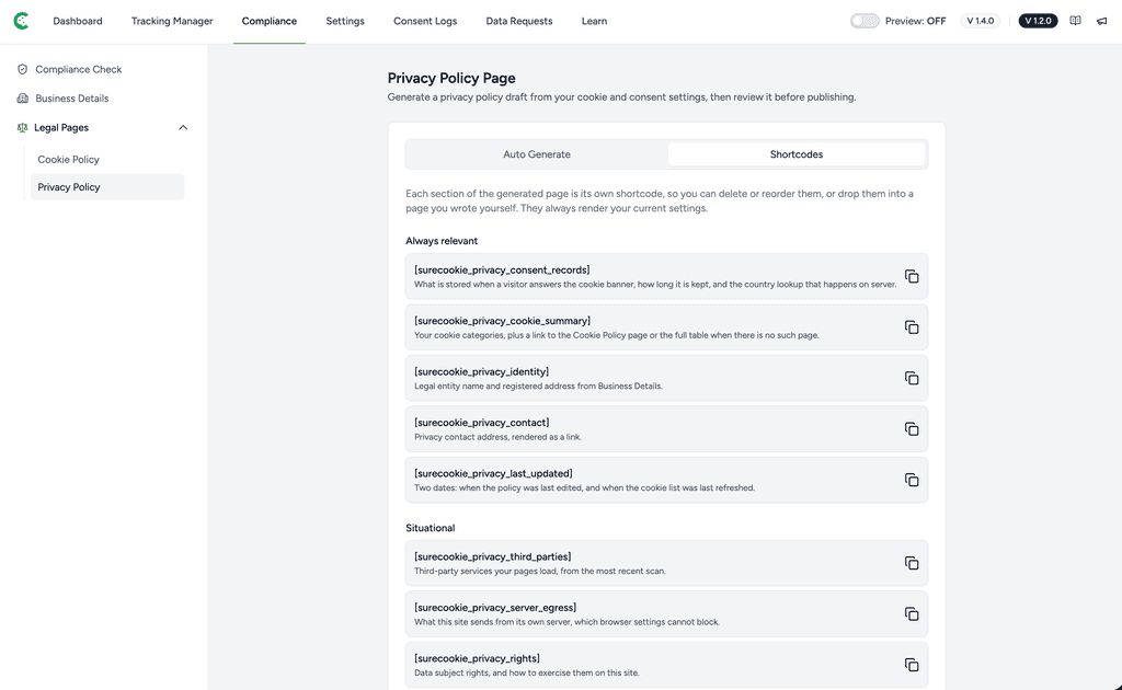 Generating a Privacy Policy Page Privacy Policy page settings