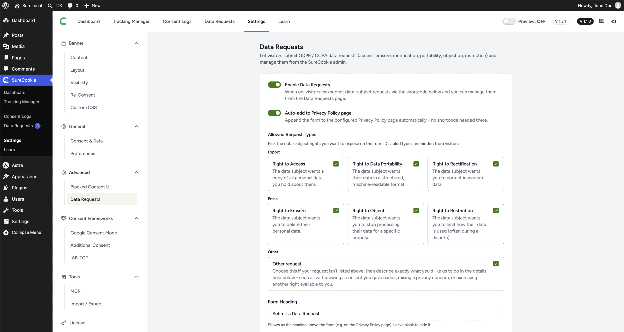 SureCookie Data Requests Settings