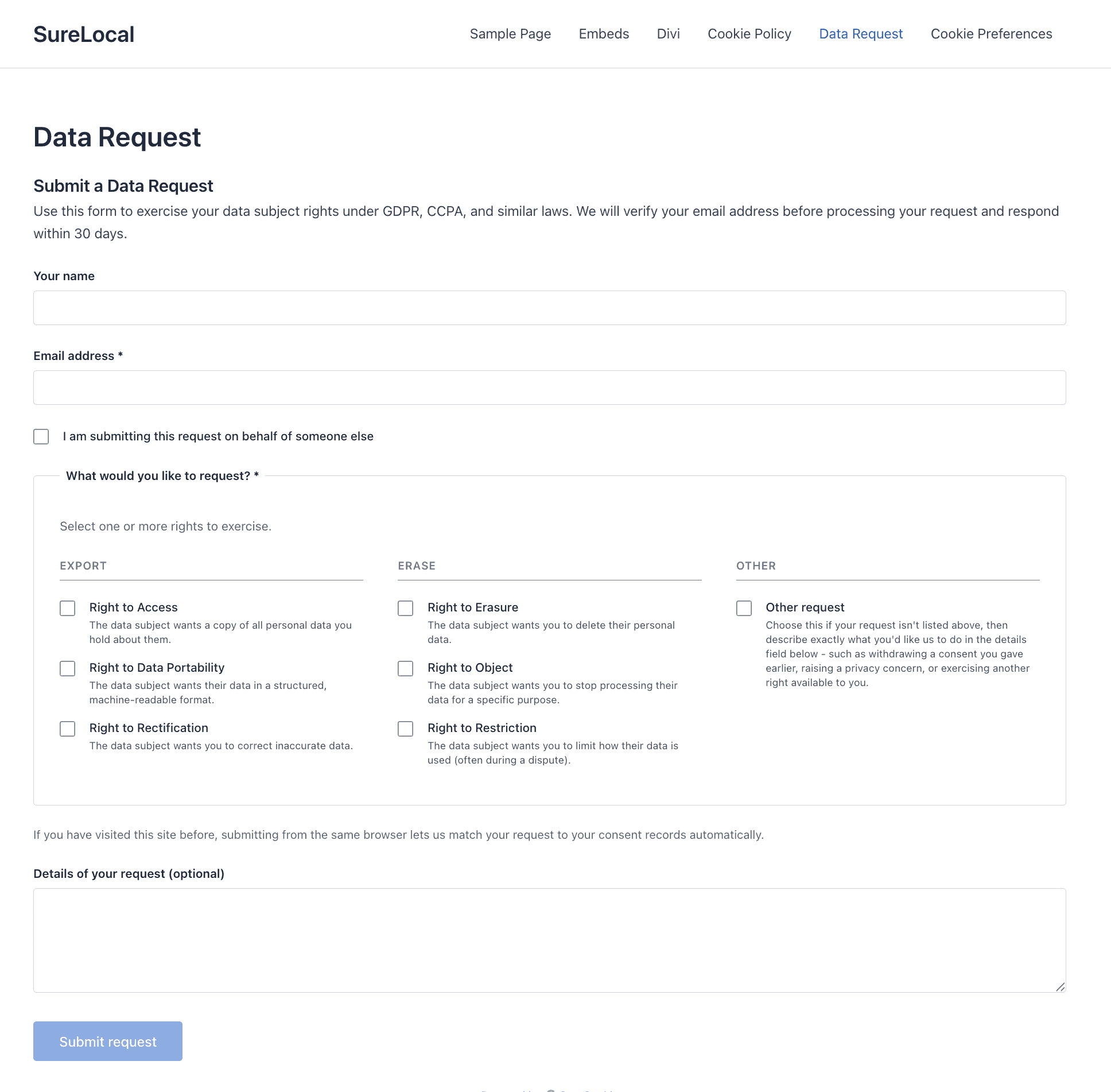 Data request form submission