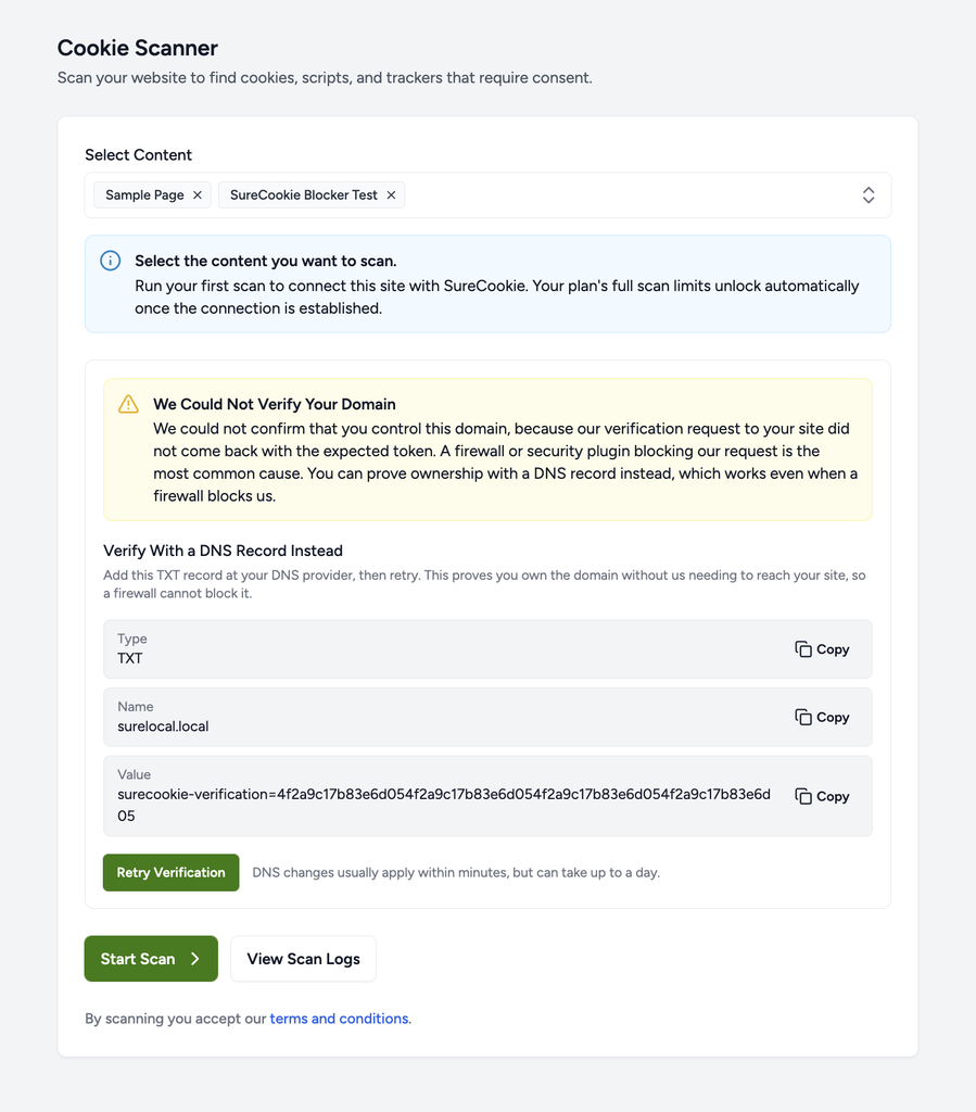 Cookie scanner domain verification.