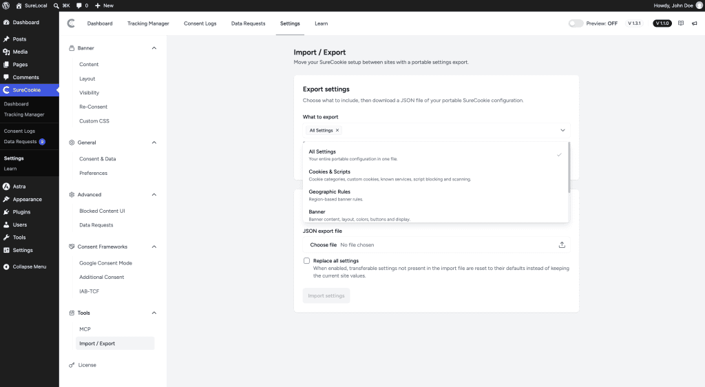 Import/Export settings screen