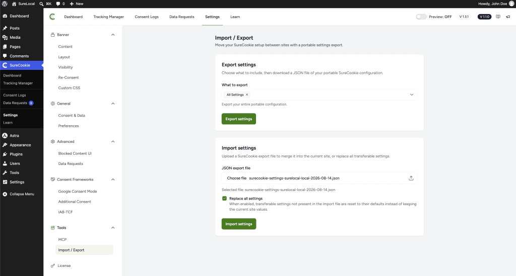 Import/Export settings