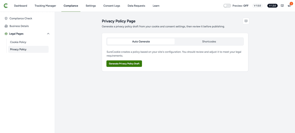 Generating a Privacy Policy Page Privacy policy page draft generation