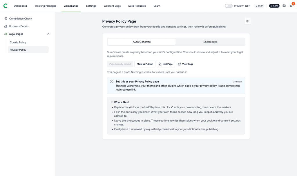 Generating a Privacy Policy Page Privacy Policy Page Draft