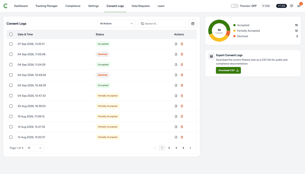 Recording Consent Without Storing Visitor IP Addresses Consent log table with filters