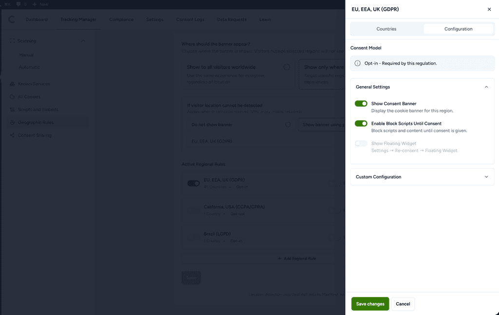 GDPR configuration for EU, EEA, UK