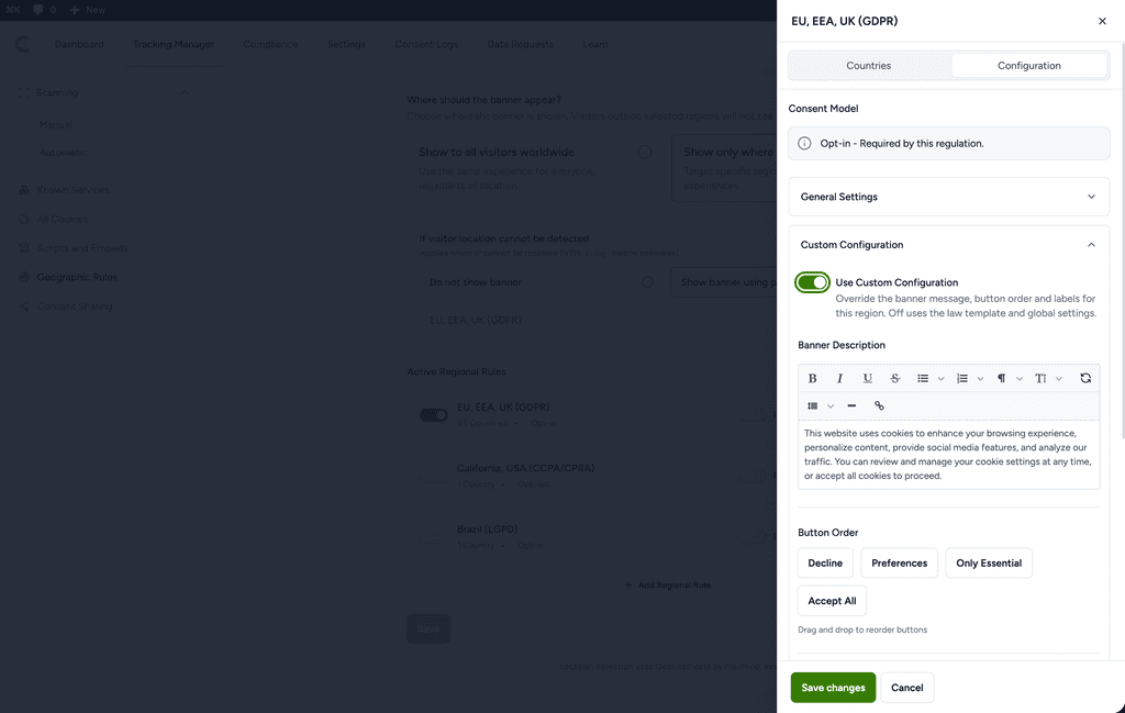 Cookie banner configuration settings