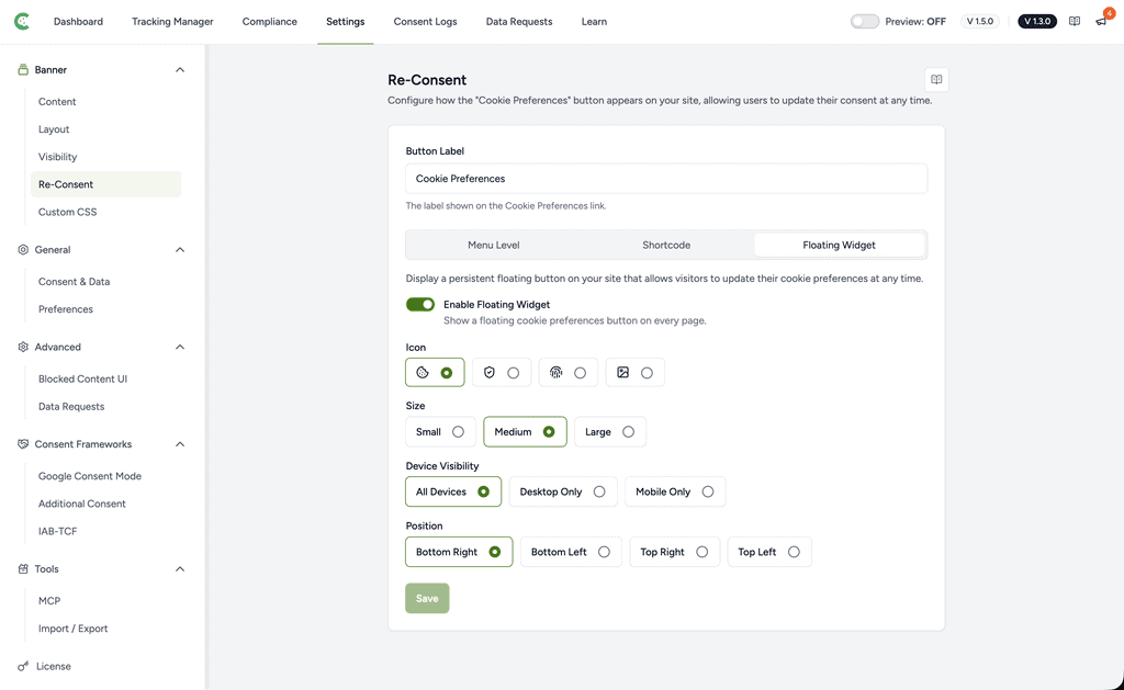 Re-consent settings configuration panel.